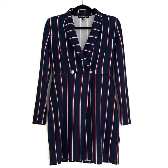 Derek Heart Women s Pin Striped V Neck Navy Dress with Collar Medium